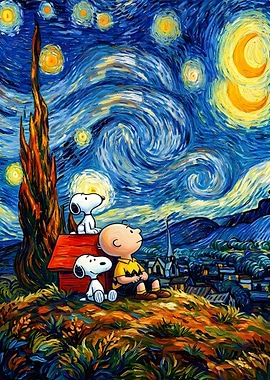 Charlie Brown and Snoopy in Starry Night