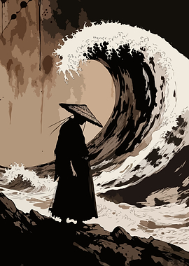 Samurai Facing a Giant Wave Vintage Art