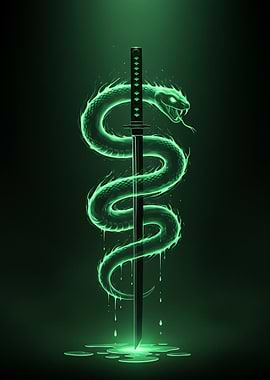 Glowing Green Snake Wrapped Around Katana