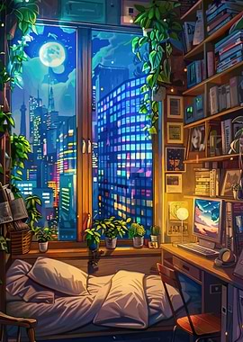 Cozy Anime Room with City View