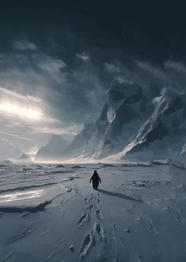 Lone Penguin in Snowy Landscape
