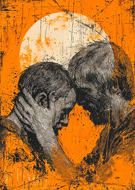 Men Embracing Orange Moon Illustration