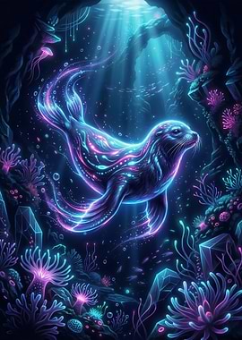 Bioluminescent Seal in Underwater Cave