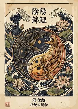 Yin Yang Koi Fish and Waves