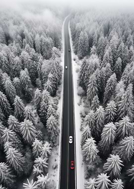 Cars on Snowy Forest Road
