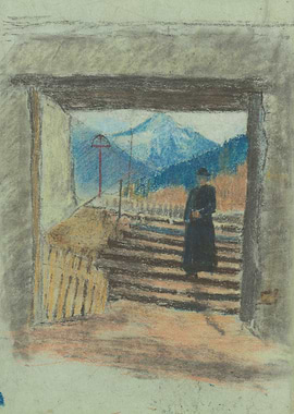 Priest in front of mountain landscape