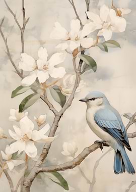 Bird on a Branch with Flowers