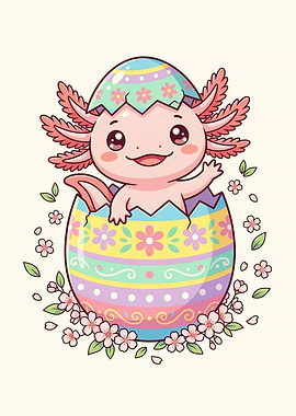 Cute Axolotl Hatching from Easter Egg