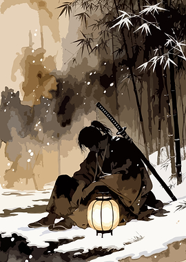 Samurai in Snow with Lantern Art
