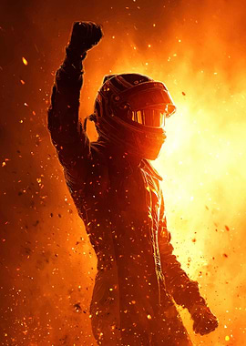 Racer in Fiery Victory Pose