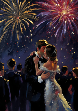 Couple kissing under fireworks