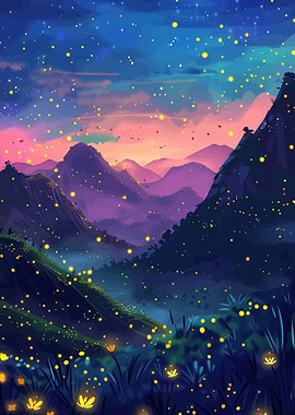 Magical Mountain Landscape with Fireflies