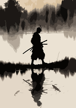 Samurai reflection in water with fish