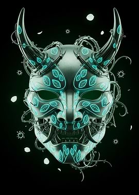 Cyberpunk Oni Mask with Neon Leaves
