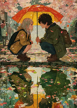 Couple under umbrella with falling petals