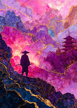 Samurai Silhouette Abstract Purple Landscape