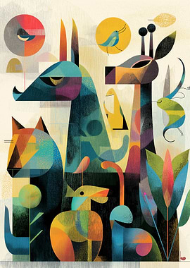 Stylized Animals in a Colorful Landscape