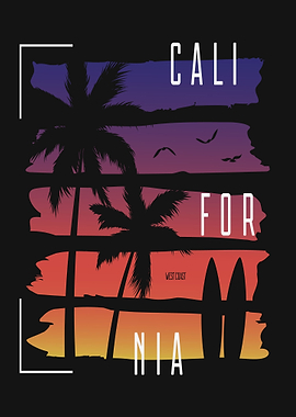 California Sunset with Palm Trees and Surfboards