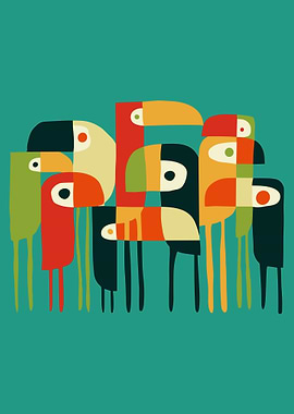 Retro Toucans Poster, Mid Century Modern Bird Wall Art, Colorful Abstract Tropical Print