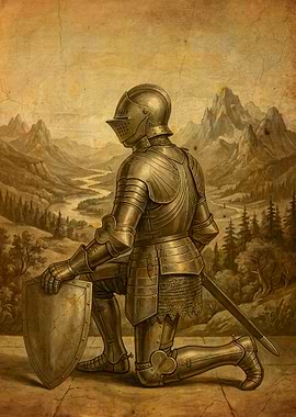 Knight Kneeling in Mountain Landscape