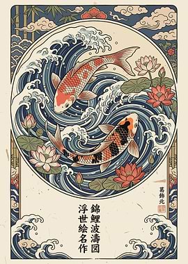 Koi Fish in Waves and Lotuses