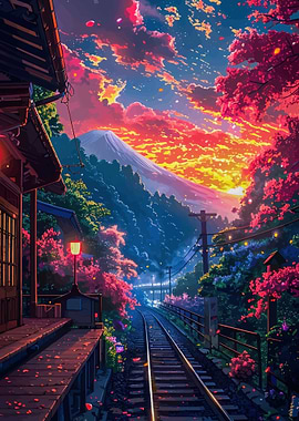 Anime Train Station at Sunset