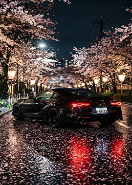 Black Toyota Supra under Cherry Blossoms at Night