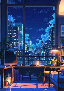 Anime cityscape at night from a cozy room