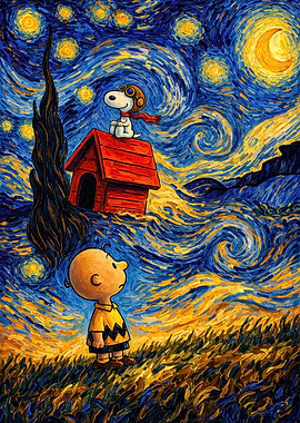 Snoopy and Charlie Brown in Starry Night