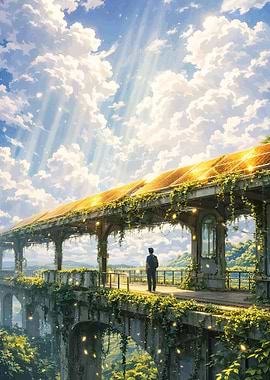 Boy on overgrown bridge with solar panels