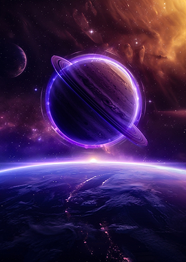 Cosmic Planet with Rings and Earth View