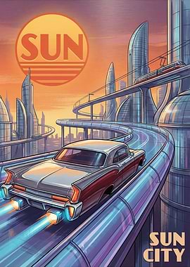 Retro Futuristic Cityscape with Car