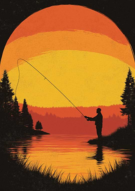 Fisherman casting line at sunset