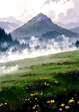 Misty Mountain Meadow with Wildflowers