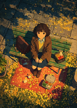 Anime girl on a bench with lunch