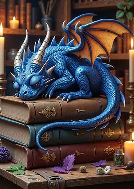 Fantasy Blue Dragon Resting on Books