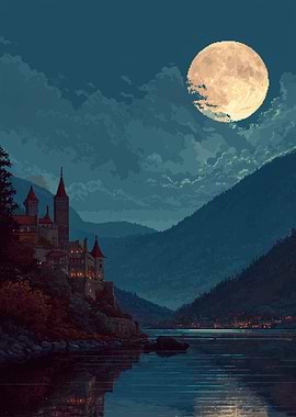 Pixel Art Castle by the Lake at Night