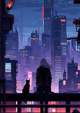 Girl and Cat in Cyberpunk City