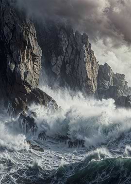 Crashing Waves Against Rocky Cliffs