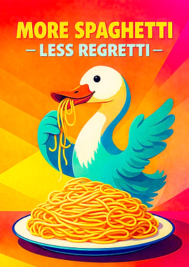 Duck eating spaghetti