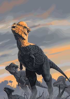 Pachycephalosaurus herd at sunset