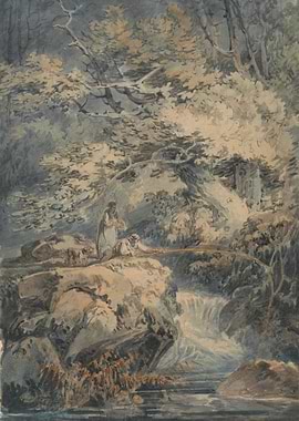 Figures by a Waterfall in a Forest