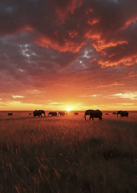 Elephants at Sunset in African Savannah