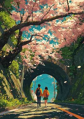 Couple walking under cherry blossoms