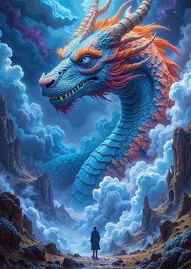 Majestic Fantasy Dragon Overlooking a Human