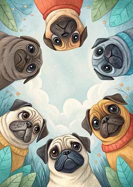 Group of Pugs Looking Down
