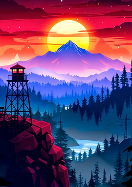 Vibrant Mountain Sunset with Fire Lookout Tower