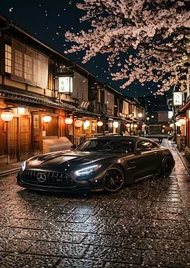 Luxury Car in Japanese Street at Night