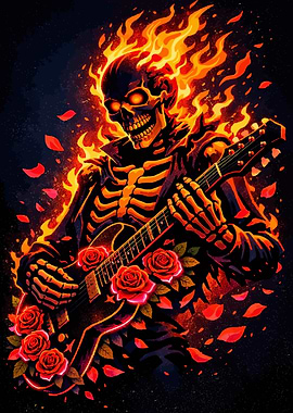 Flaming Skeleton Guitarist with Roses