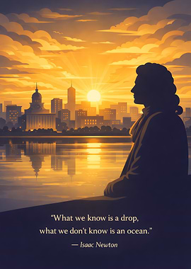 Isaac Newton quote at sunset cityscape